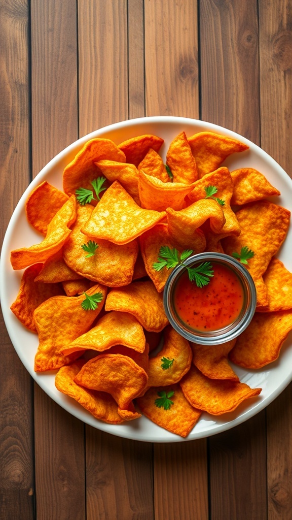 Crispy kuku chips on a plate with parsley and dipping sauce on a wooden table.